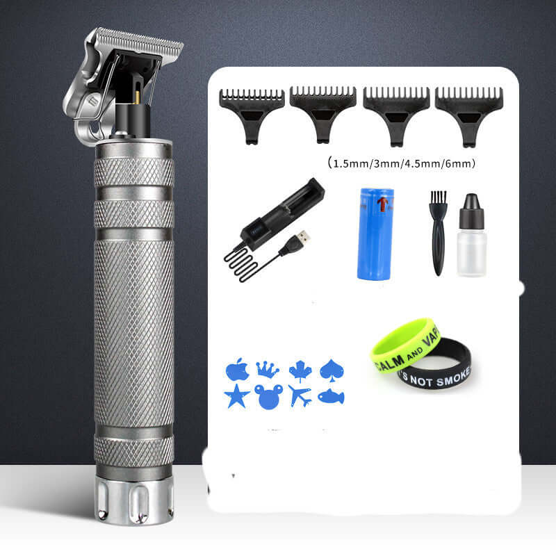 Professional electric hair clipper with adjustable guards and grooming accessories for precise trimming and engraving.