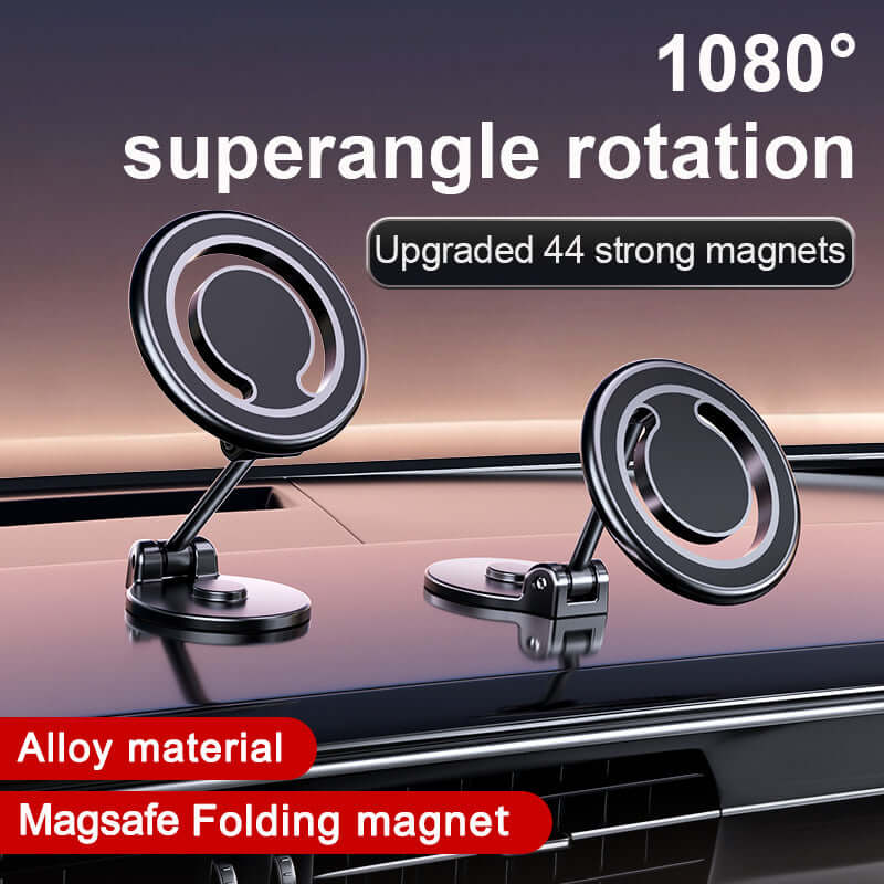 Magnetic phone holder with 1080° rotation and 44 strong magnets, made of alloy for secure car dashboard mounting.