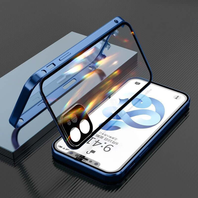 Blue metal frame snap double-sided glass phone case showcasing an iPhone with a sleek modern design.