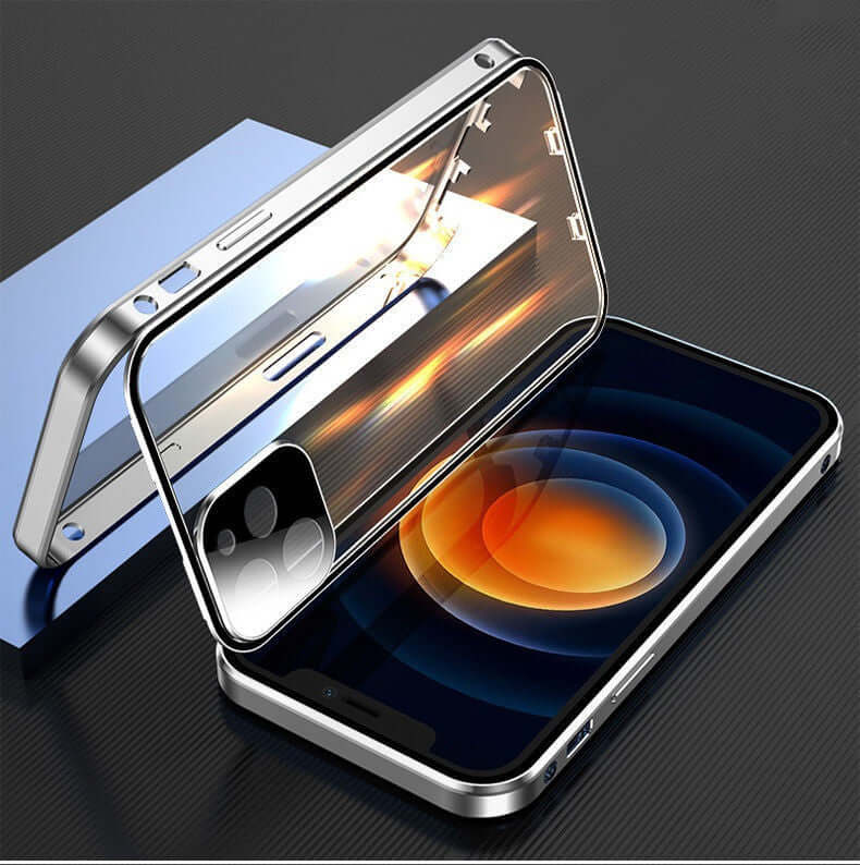 Metal frame double-sided glass phone case for iPhone with a sleek modern design and available in various colors.