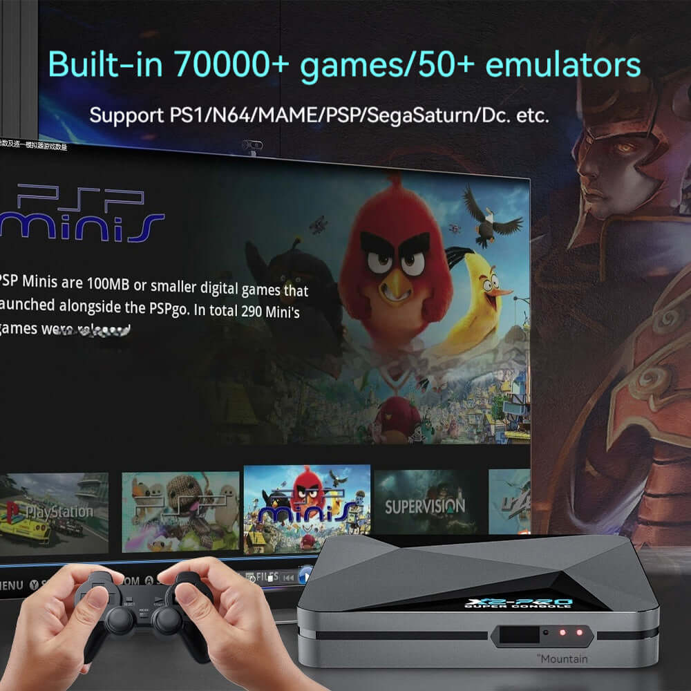 Home Video Game Set-top Box with 70000+ games, 50+ emulators, and wireless support for immersive gaming experience.