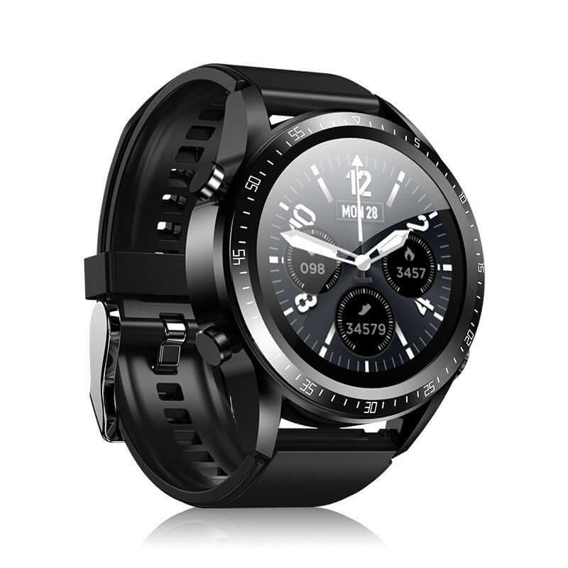 Smart watch with blood pressure and oxygen monitoring, black silicone strap, 1.28-inch TFT screen, Bluetooth functionality.