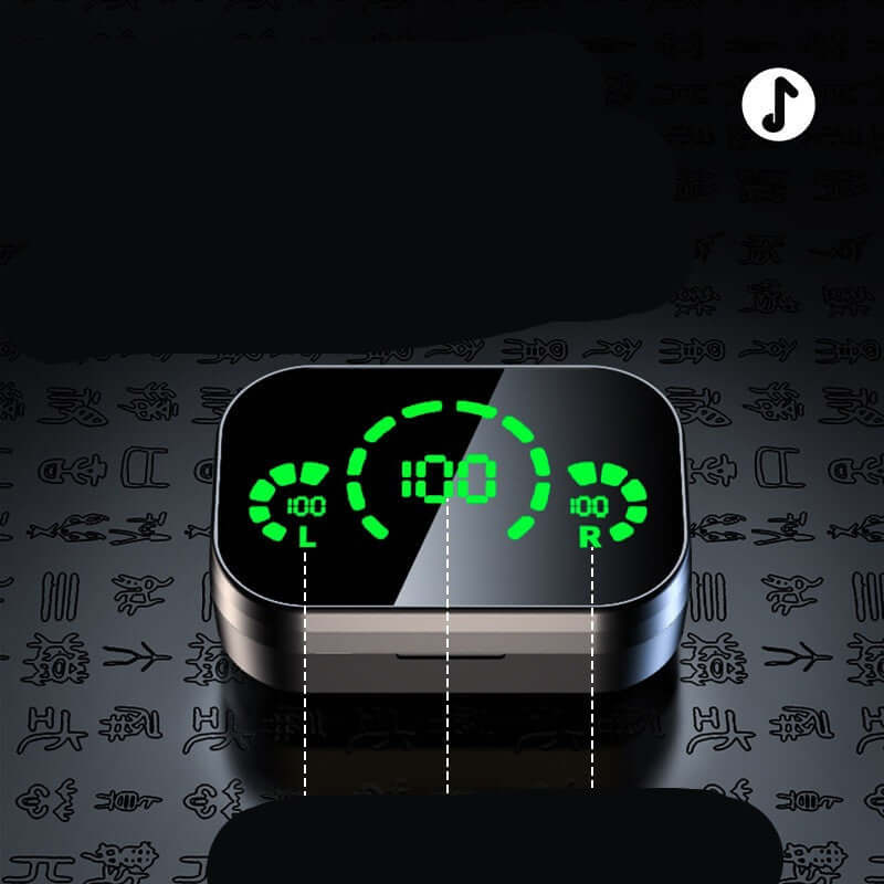 YD03 Wireless Bluetooth headset charging case with LED digital power display showing battery levels for left and right earphones.