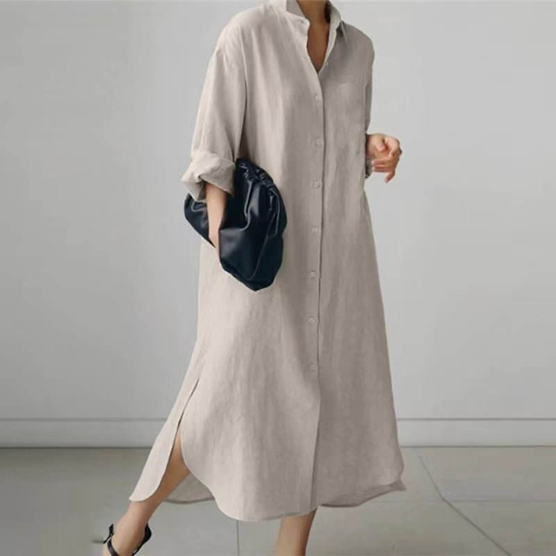 Women's Slit Shirt Dress Solid Color Long - sleeved Cardigan Irregular Long Dress - DBMP (Electronics And More Store)