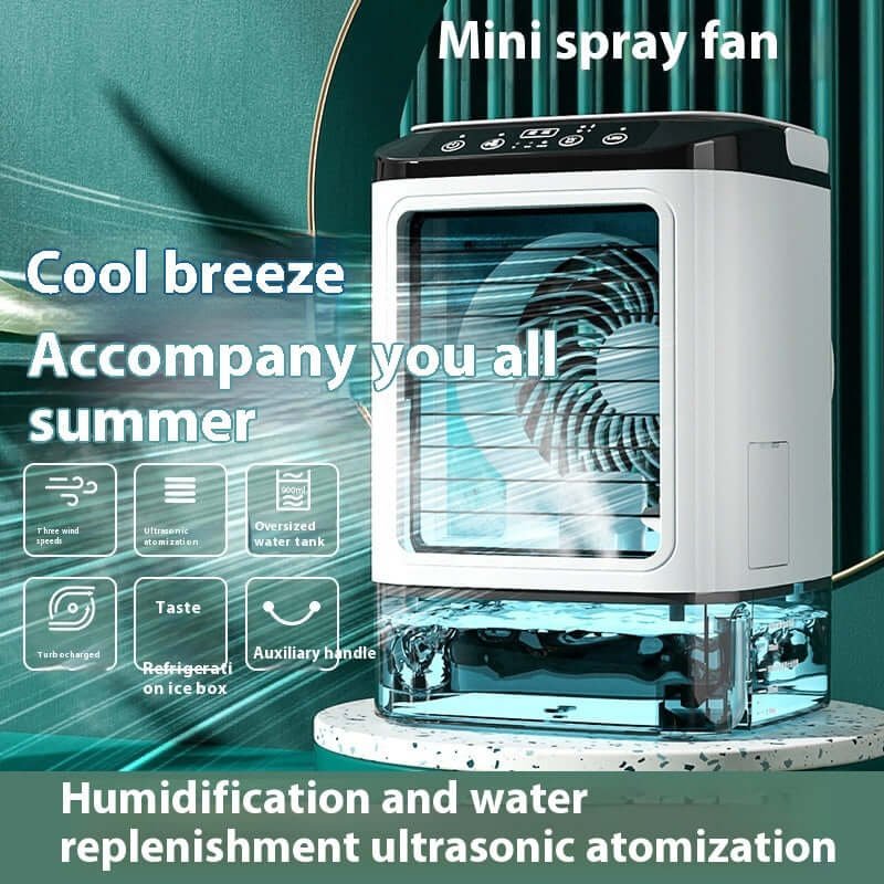 Mini spray fan with dual cooling and humidification features for a refreshing summer breeze.