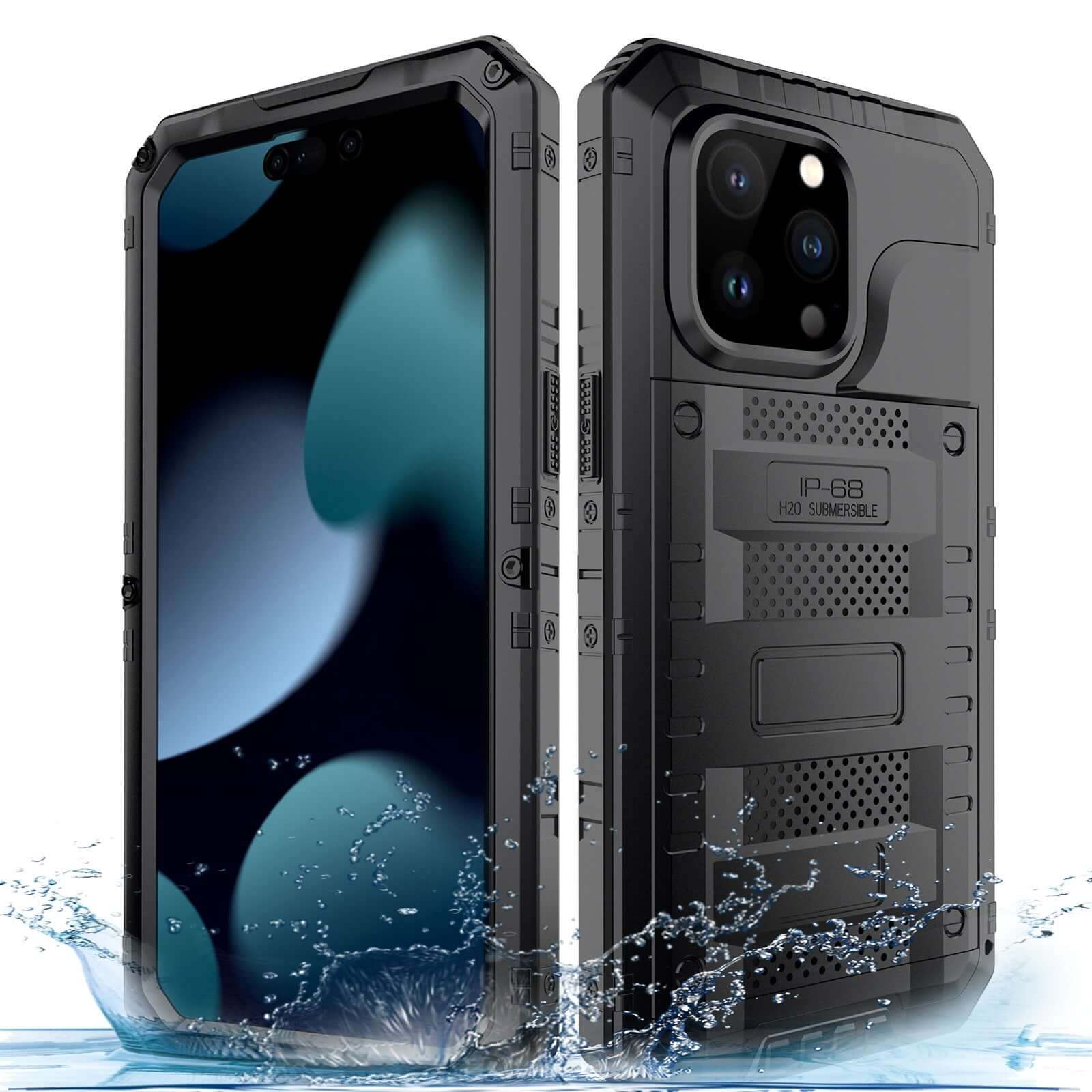 Outdoor sports metal mobile phone protective cover in black, shockproof and water-resistant design.