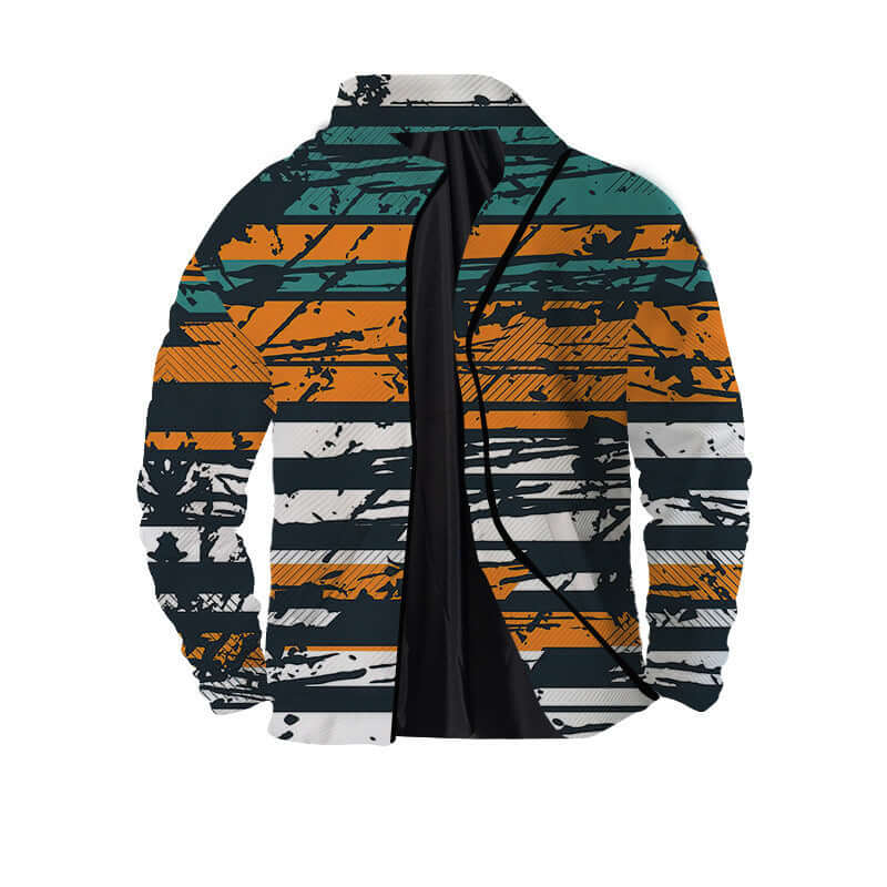 Men's 3D Zipper Jacket with a striking striped digital print in orange, teal, and black colors.