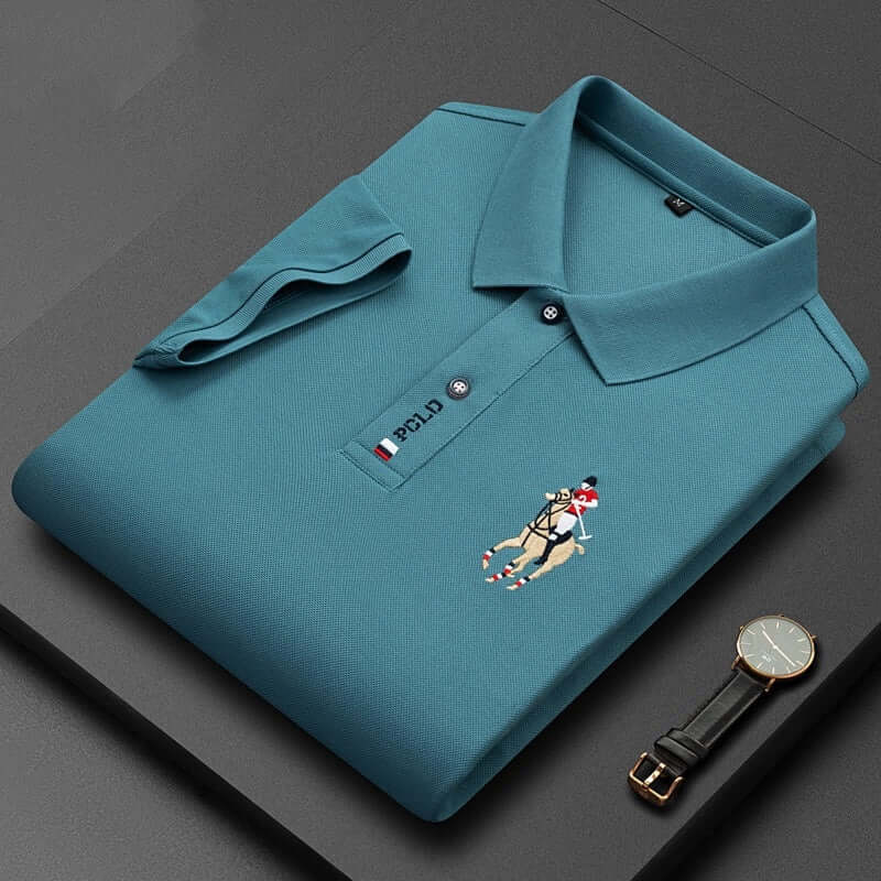Summer men's short sleeve pullover top in solid color, featuring embroidered design and stylish collar.