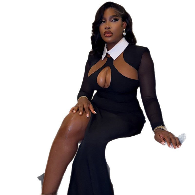 Body-hugging Shirt Collar Long Sleeve Design Hollow-out Dress - DBMP Shop