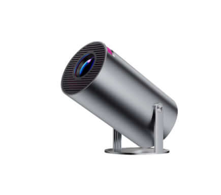 Portable projector with a sleek silver design, featuring a lens for 180-degree projections and automatic focus.