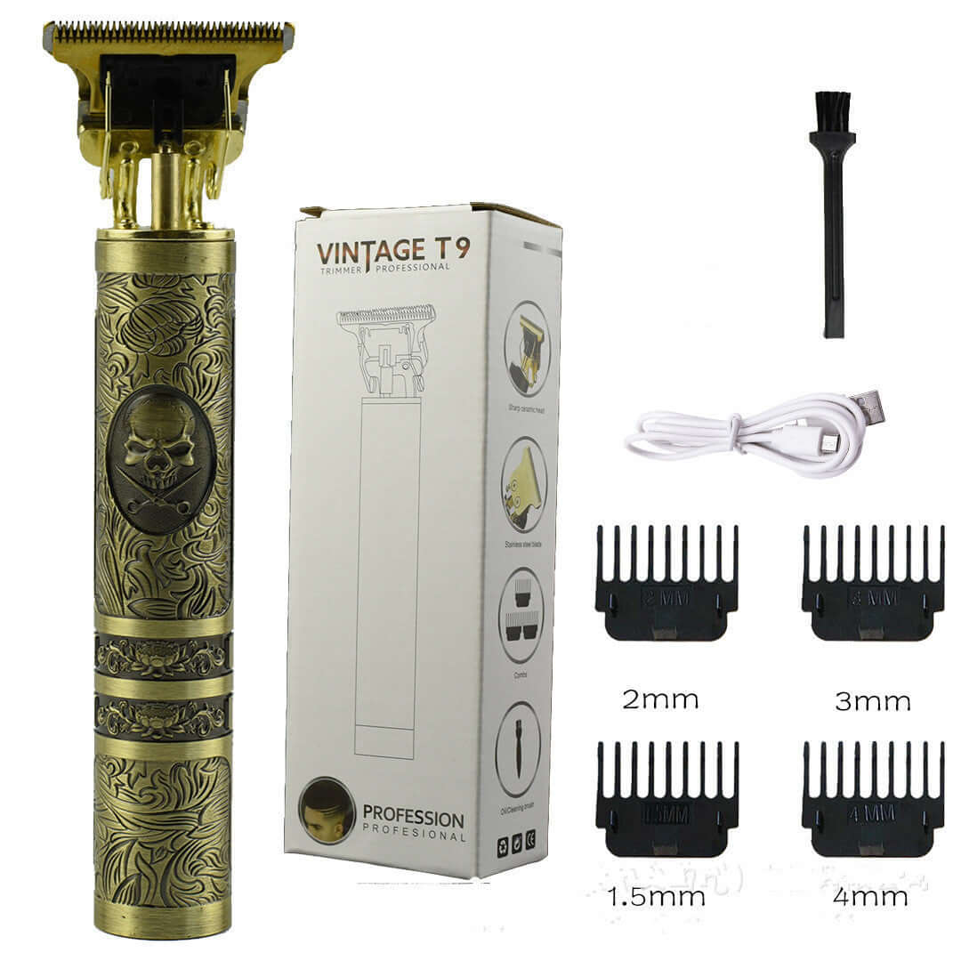 Vintage T9 cordless hair trimmer with titanium blade, adjustable guards, and accessories for men grooming.