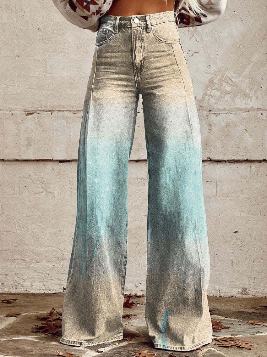 Wide - legged Pants Thermal Transfer Bell - bottom Pants Simulation Denim Trousers - DBMP Shop