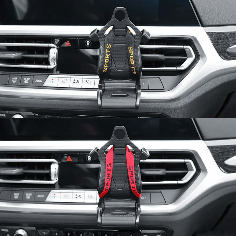 Racing seat shape car phone holder with adjustable clips for air vent installation in a vehicle interior.