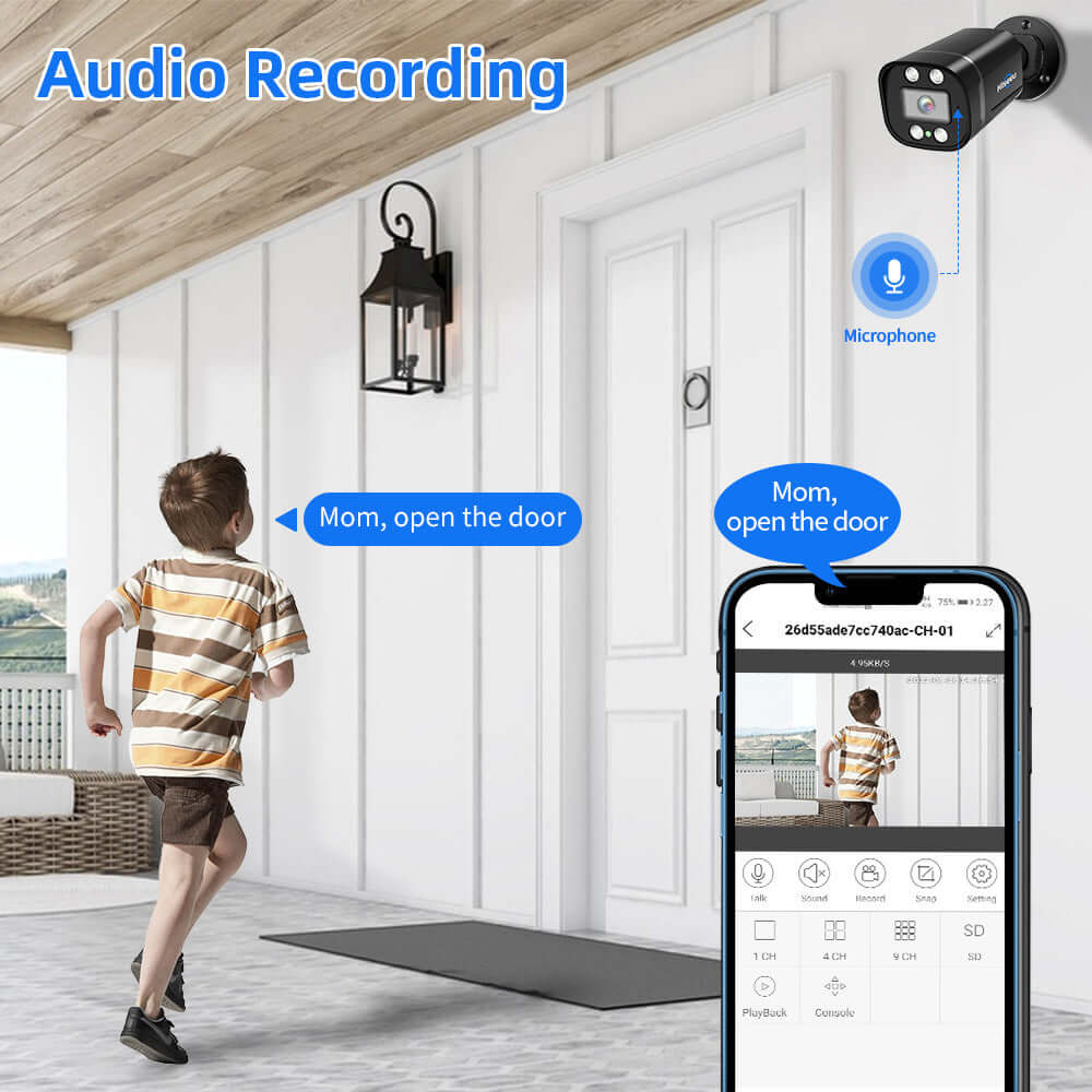 Child using a smartphone to activate audio recording feature at a door with a camera, enhancing home security monitoring.