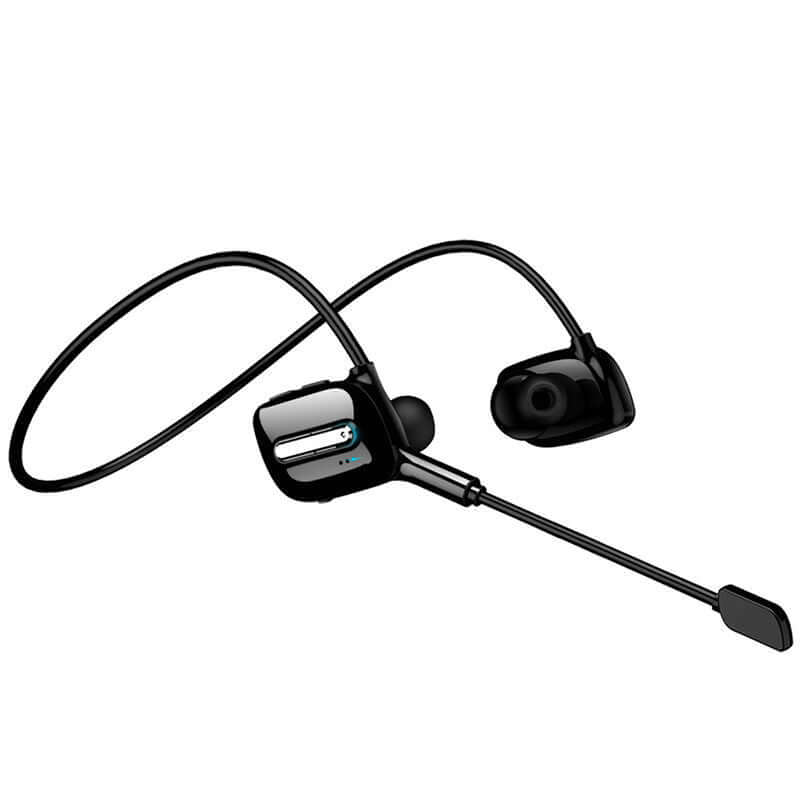 Black sports Bluetooth wireless headset with dual microphones, featuring a sleek and simple design.