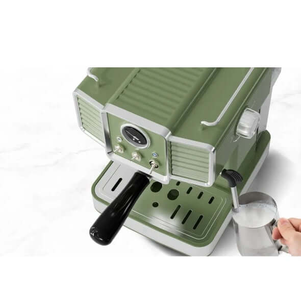 Green 15 bar espresso coffee machine with steam wand and milk frother, perfect for home baristas.