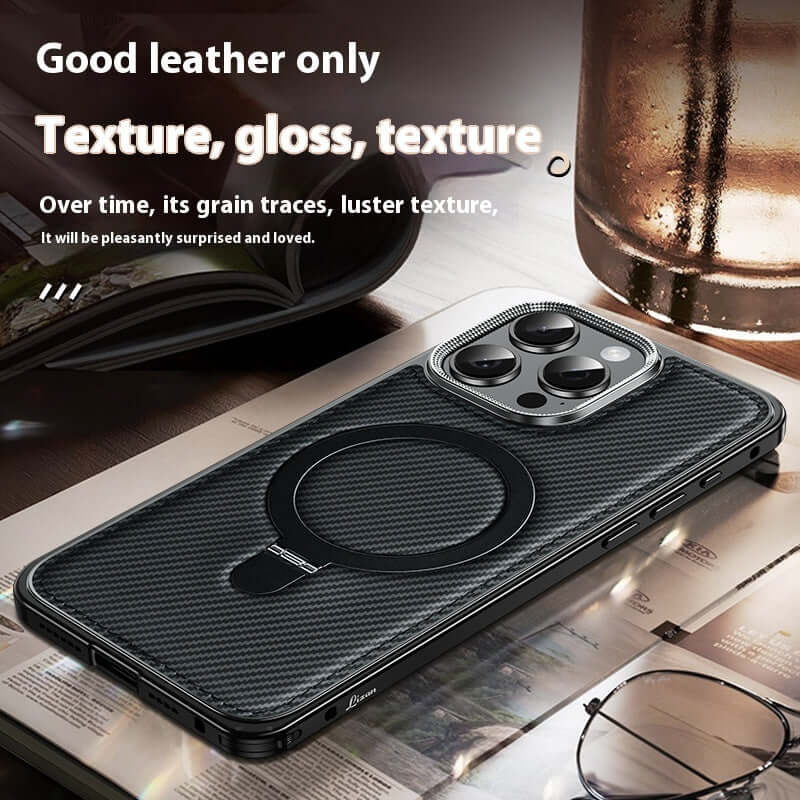Dark gray phone case with carbon fiber texture, showcasing anti-drop features and elegant design on a stylish surface.
