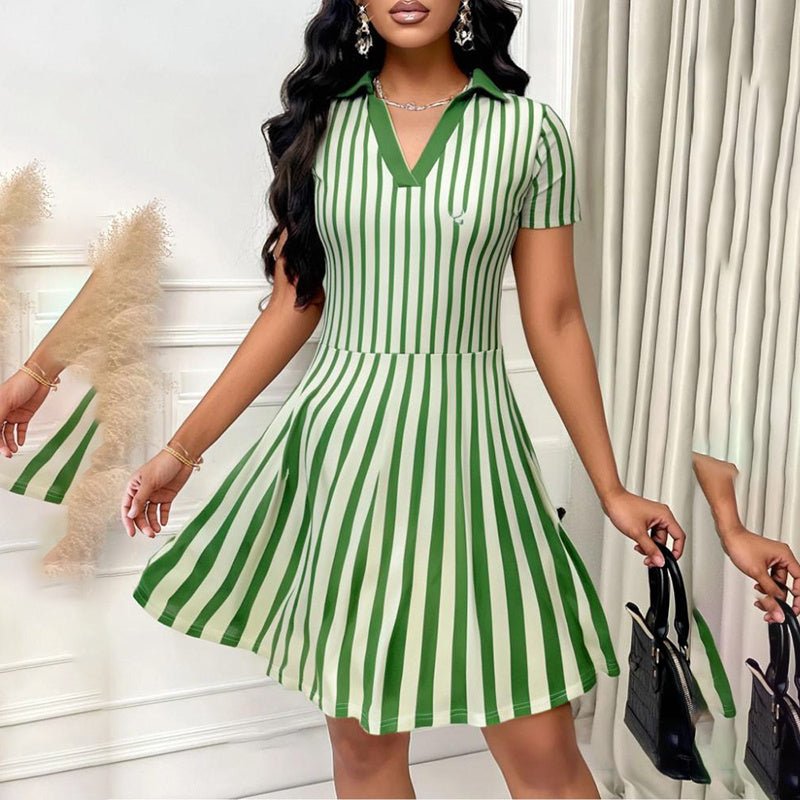Women's Polo Dress Elegant Striped V Neck Short Sleeve A Line Dresses - DBMP Shop