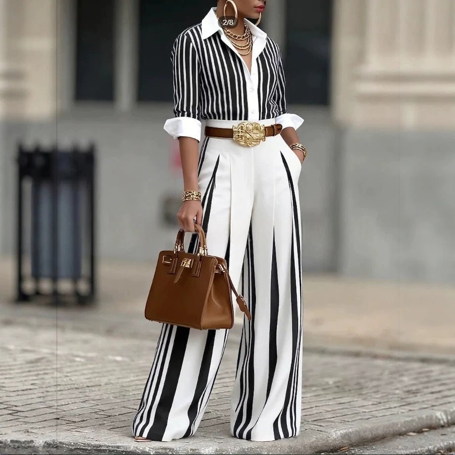 Striped Shirt And Vertical - striped Wide - leg Pants Set - DBMP Shop