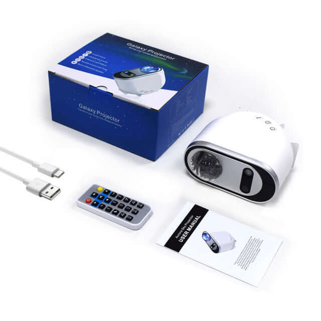 Aurora Borealis starlight projector with remote, USB cable, and instruction manual for bedroom ambiance.