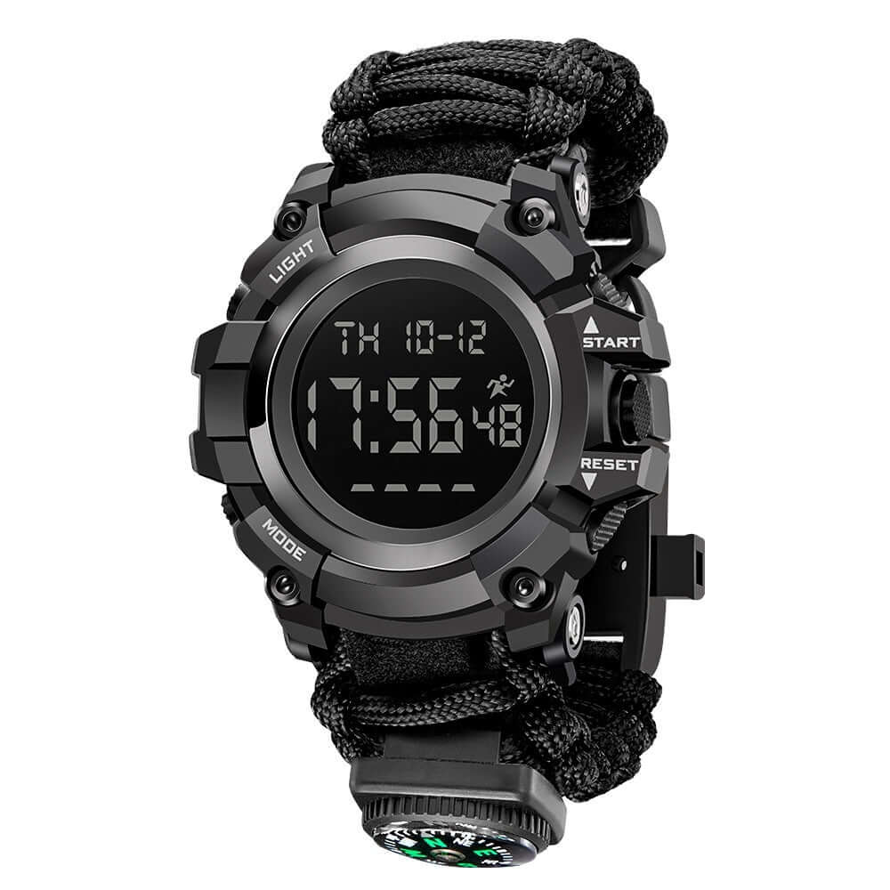 Double Display Electronic Watch with Whistle, Ignition, Compass, and Thermometer for Men in Black