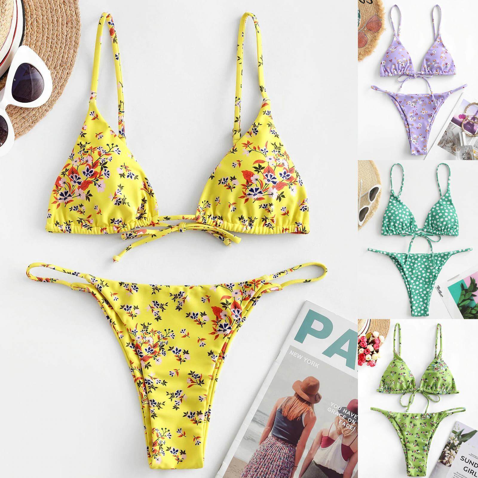 Summer flowers print bikini set in yellow, stylish beach swimsuit for women, featuring push-up design and comfortable fit.