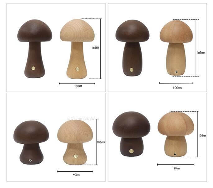 Wooden mushroom LED night lights in four styles with touch switches, perfect for children's rooms and home decor.