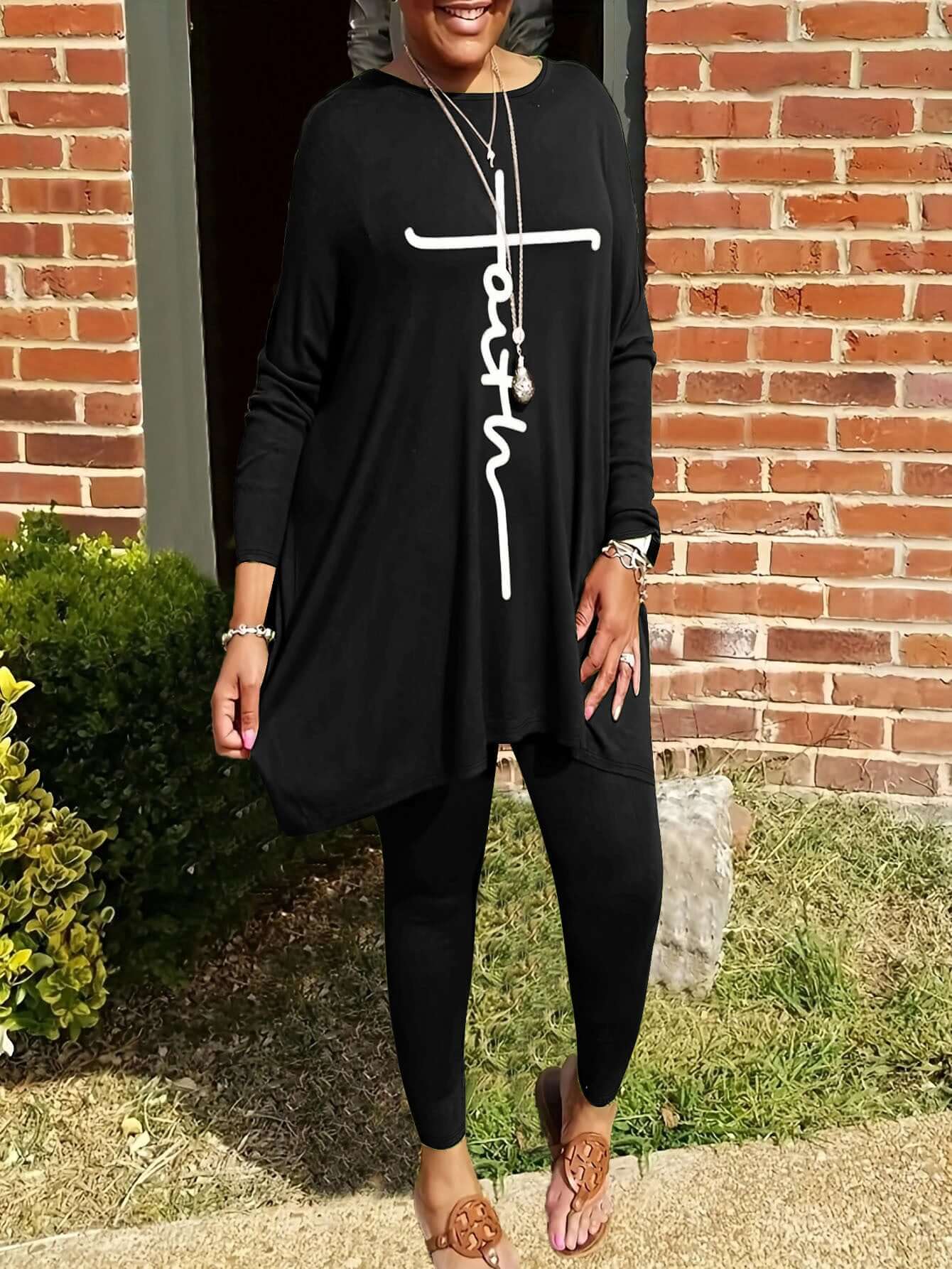 Round Neck Loose Long Sleeves Solid Color Printed Plus Size Women's Clothing Two - piece Set - DBMP (Electronics And More Store)