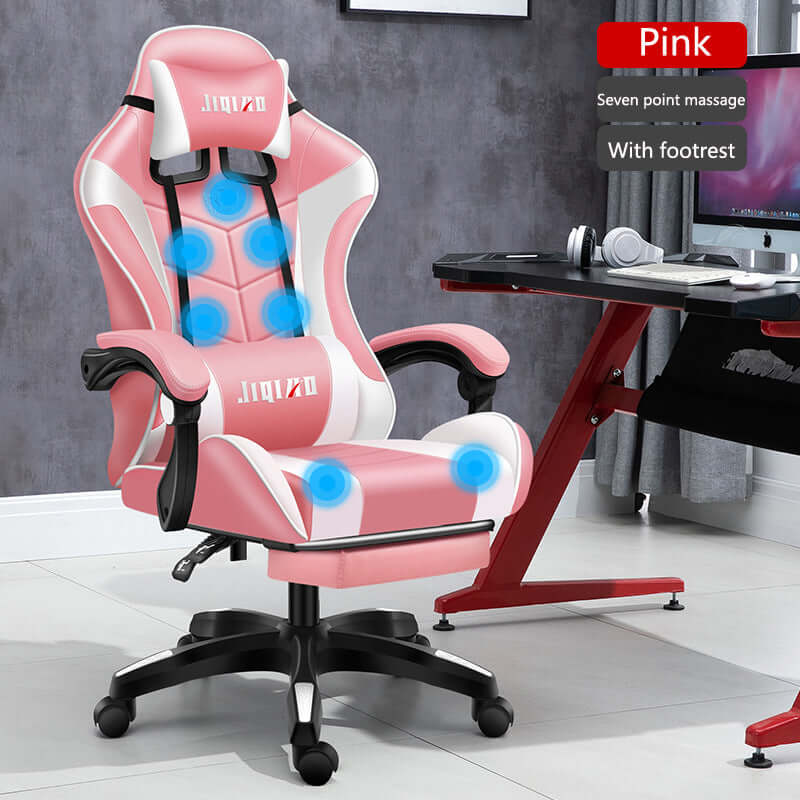 Pink ergonomic gaming chair with seven-point massage and footrest, perfect for home and office comfort.