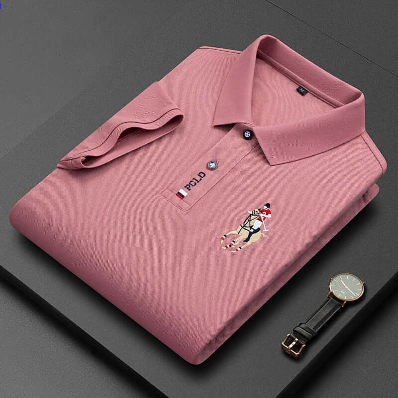 Summer Mercerized Cotton Men's Lapel Embroidery Top, solid color, short sleeve, stylish pullover for men.