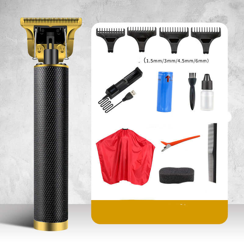 Professional electric hair clipper with adjustable guards and full haircut tool set in black and gold design.