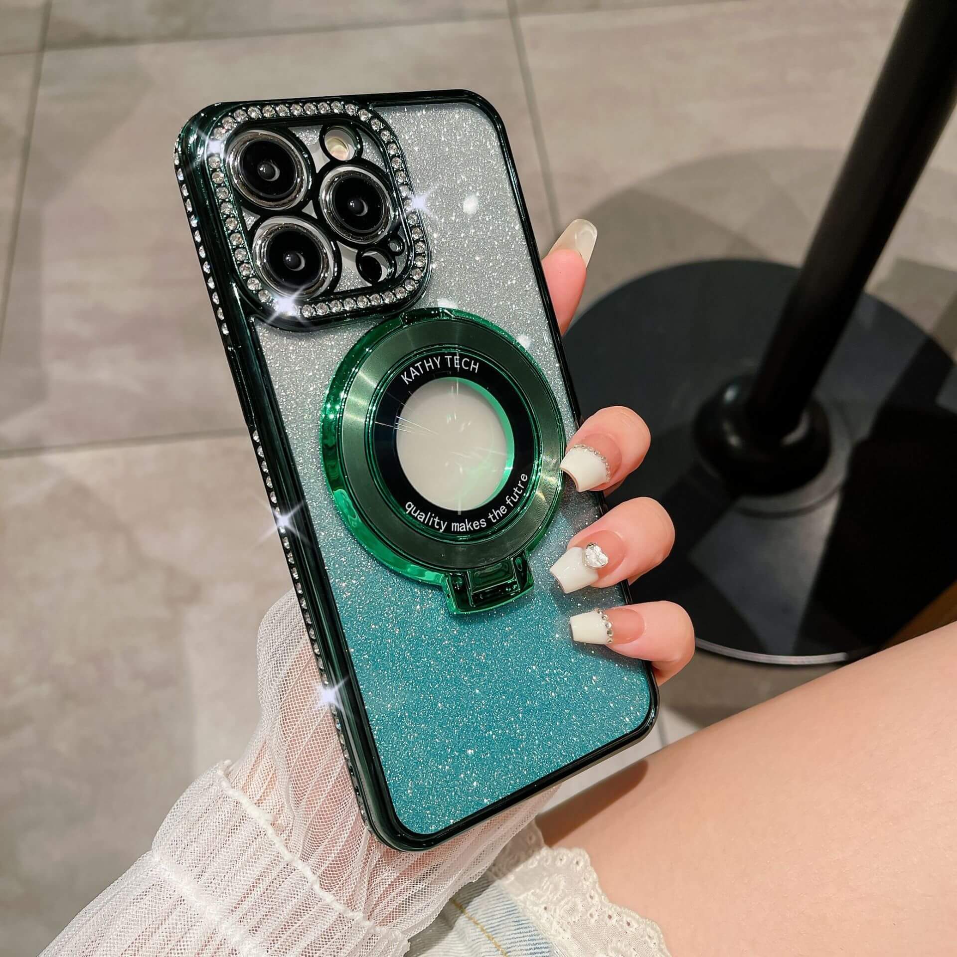 Glitter TPU electroplating magnetic bracket phone case in green with sparkling finish, suitable for Apple models.