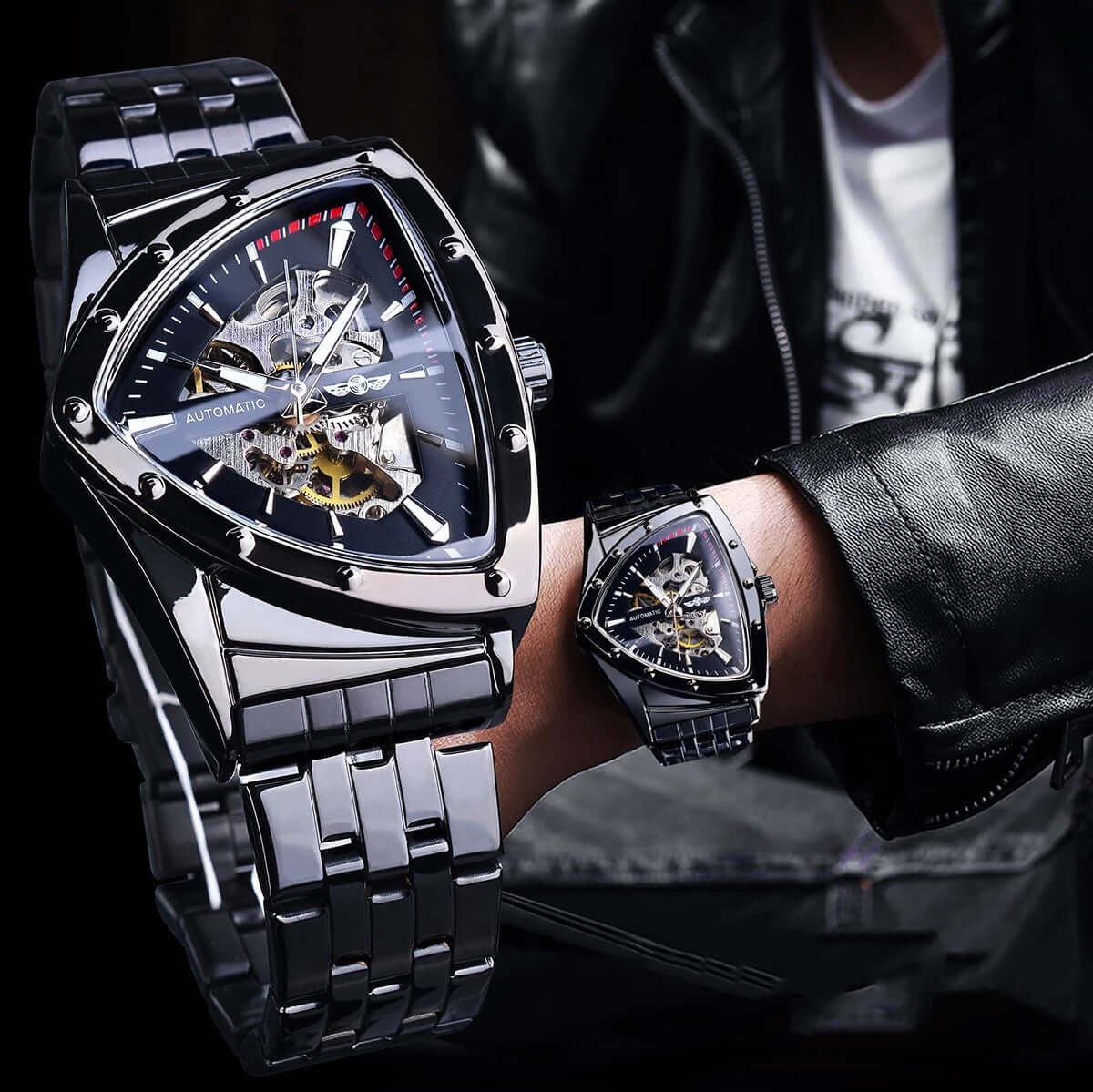 Stylish mechanical watch with hollow transparent back, showing intricate movement, worn on a wrist, perfect for men.
