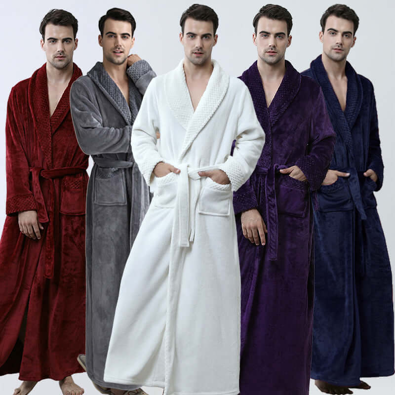 Men's winter coral fleece nightgown in various colors: white, gray, red, purple, and dark blue, shown on models.