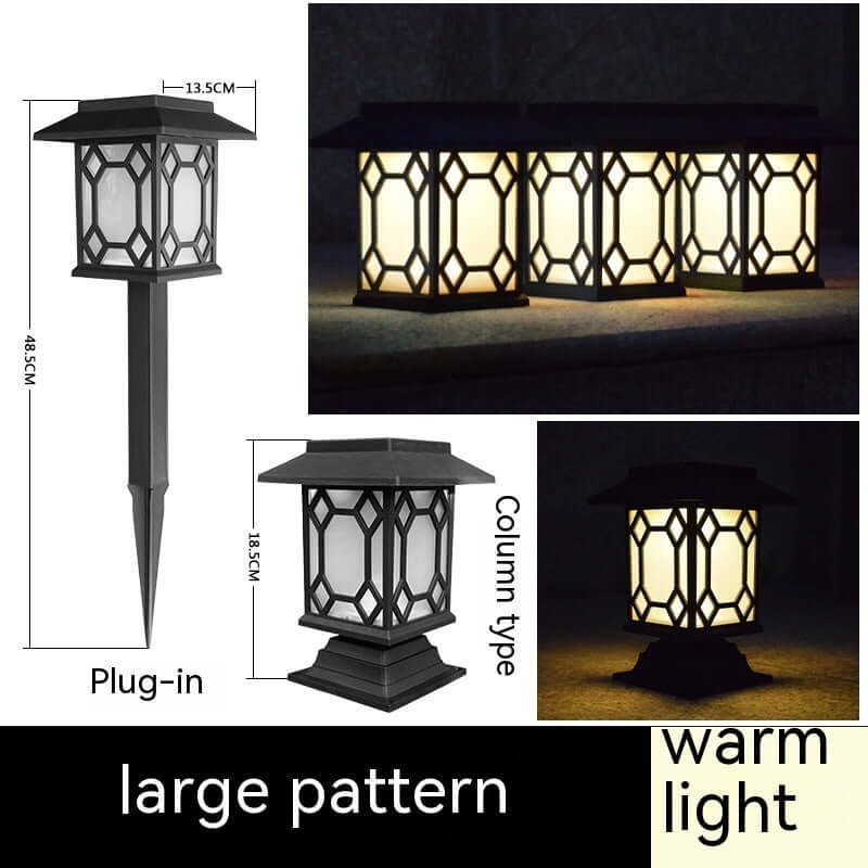 Solar powered lamp in courtyard garden, featuring large pattern design and warm light, ideal for outdoor space.