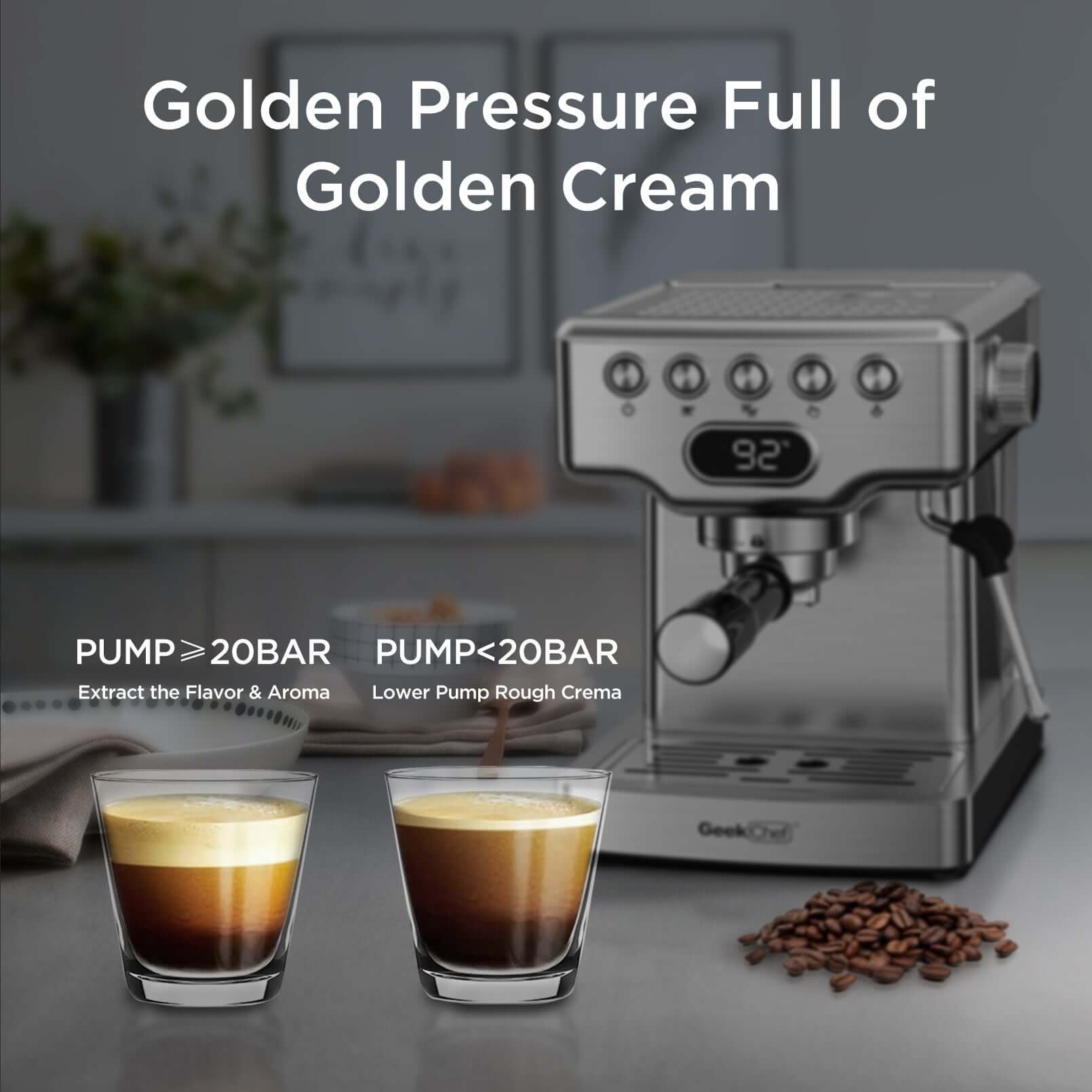 Geek Chef espresso machine showcasing 20 bar pressure for golden crema with two coffee shots side by side.