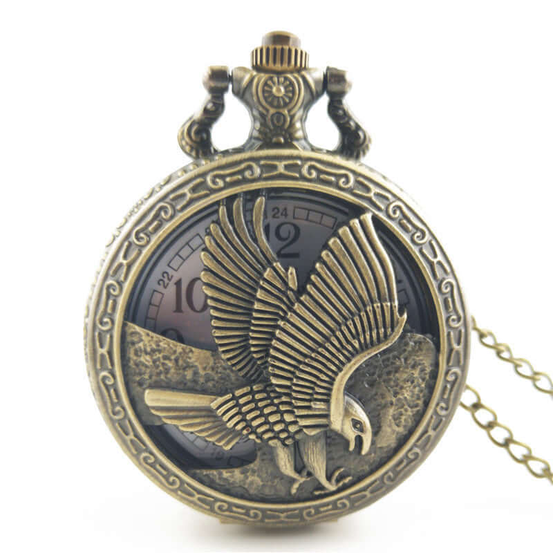 Antique large bird arrow pocket watch with intricate flying bird design and vintage bronze finish.