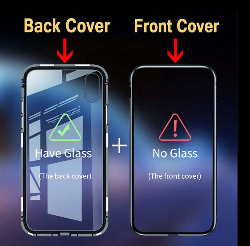 Comparison of phone case showing back cover with glass and front cover without glass for iPhone models.