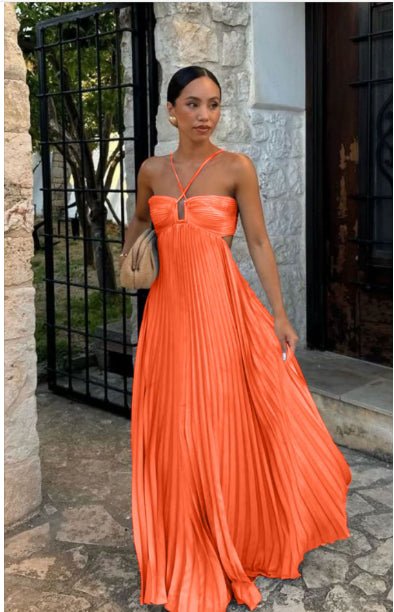 Ins Pleated Sleeveless Sling Dress Hollow High Waist Halter Robe Dresses For Evening Party Club Clothing Women - DBMP (Electronics And More Store)