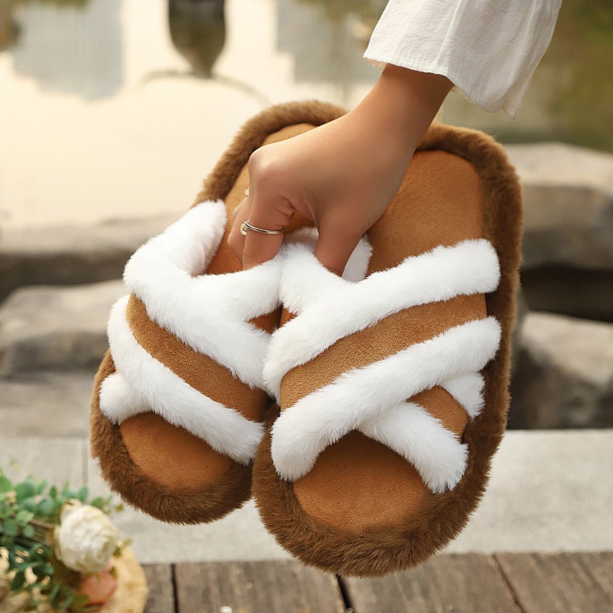 Fluffy Slippers Cross Strap Stitching Warm Casual Platform Slippers - DBMP Shop