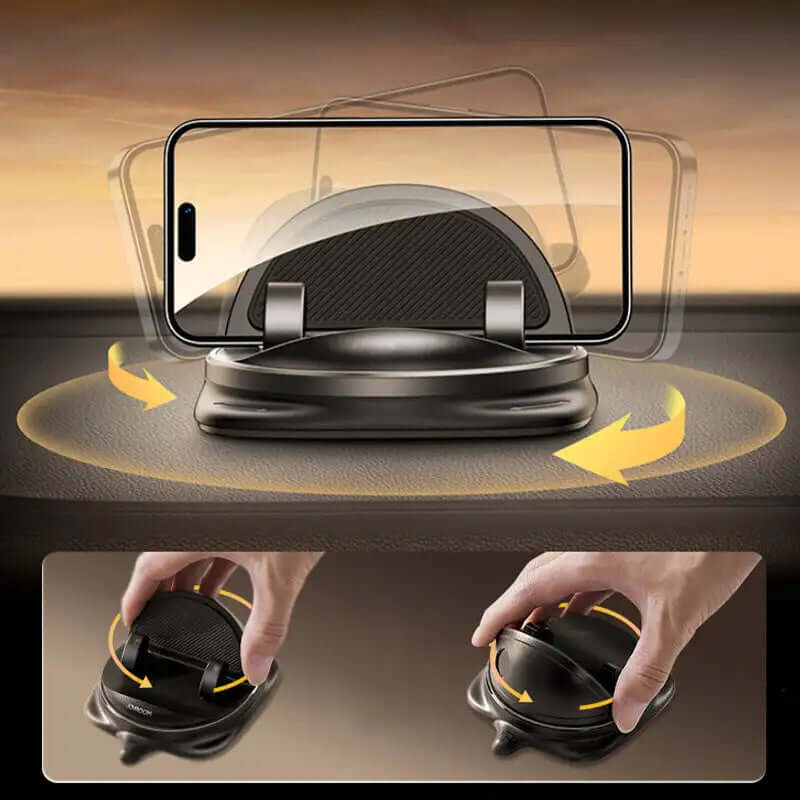 Universal car phone holder showing adjustable 360° rotation and anti-slip pad for stable phone mount on dashboard.