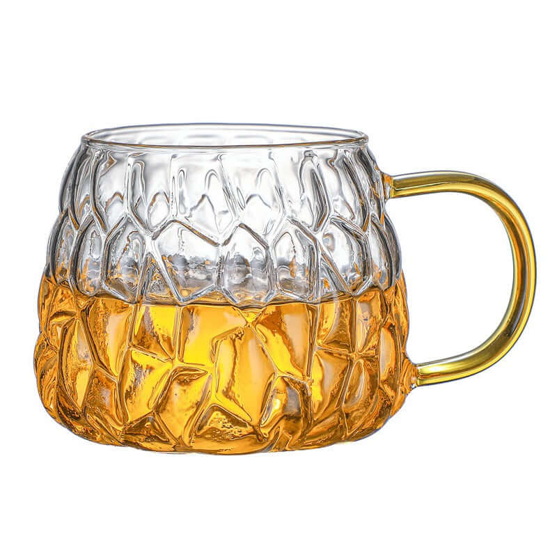 Borosilicate glass mug with pineapple pattern, perfect for drinks and beverages. Durable and heat resistant.
