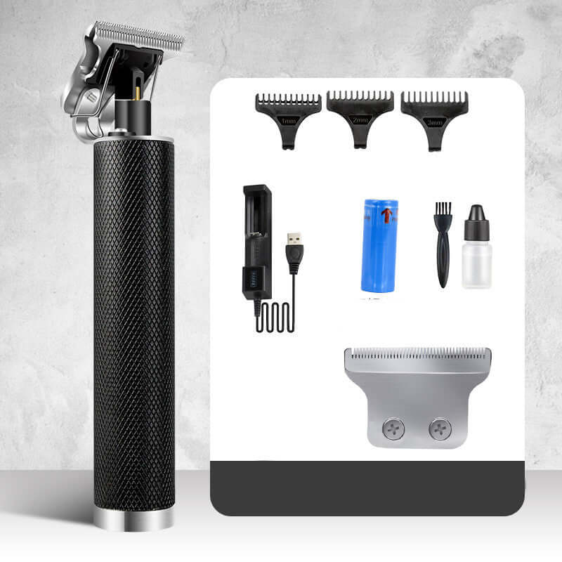 Professional electric hair clipper with grooming tools, including guards, battery, and cleaning accessories on a sleek background.