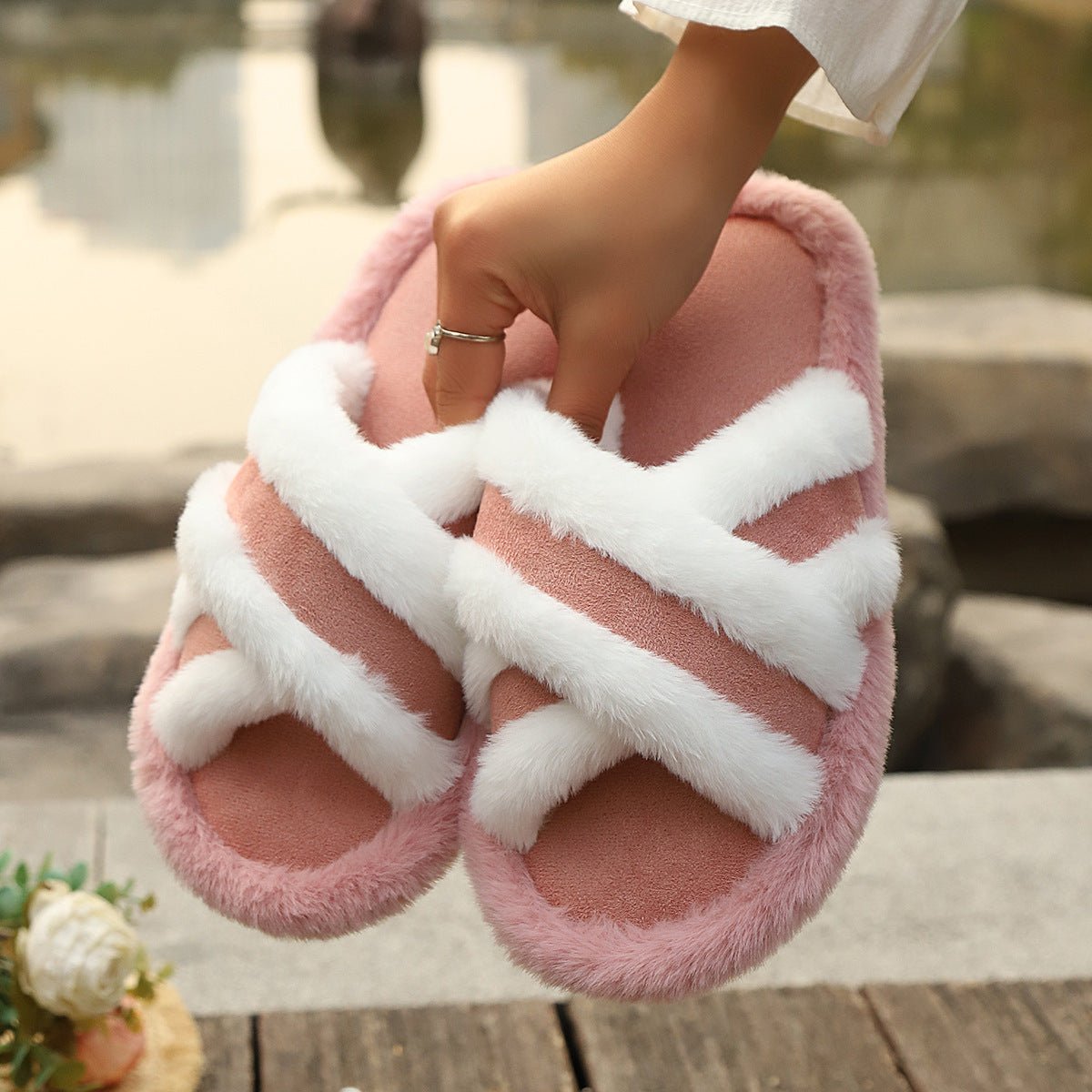 Fluffy Slippers Cross Strap Stitching Warm Casual Platform Slippers - DBMP Shop