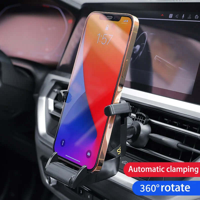 Racing seat shape car phone holder with automatic clamping and 360° rotation, designed for stable mobile use in cars.