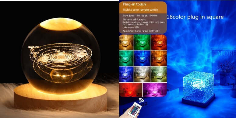 Dynamic LED lamp with water ripple effect, remote controlled 16 color options for ambient lighting.