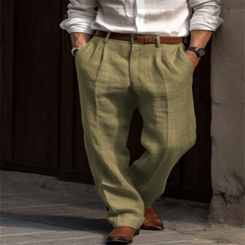 Men's Linen Trousers Double Pleated Front Pocket Straight Pure Color Comfort Breathable Casual - DBMP Shop