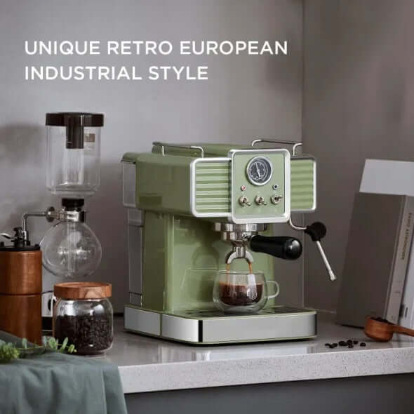 Unique retro green espresso coffee machine with vintage design, perfect for home barista brewing espresso and cappuccinos.