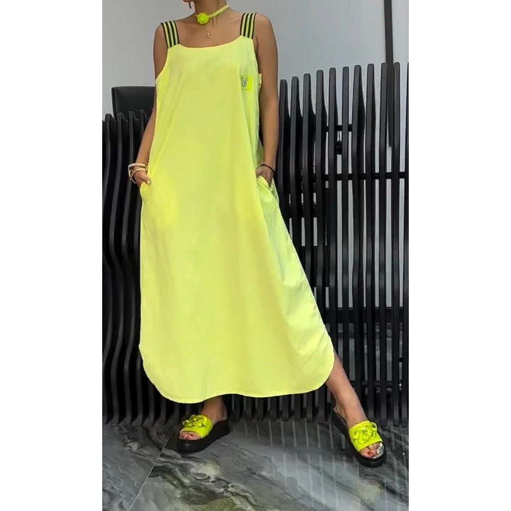 Casual Cotton And Linen Pocket Striped Shoulder Strap Skirt - DBMP Shop