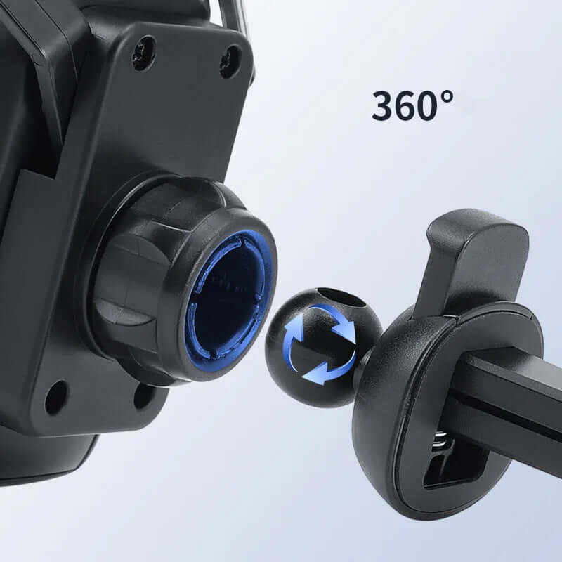 Close-up of 360-degree rotatable car phone holder with adjustable clamp design for easy mobile device positioning.